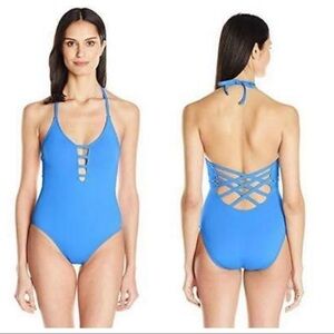 NWT La Blanca Strappy Blue Plunge Tummy Control Swimsuit SZ 4